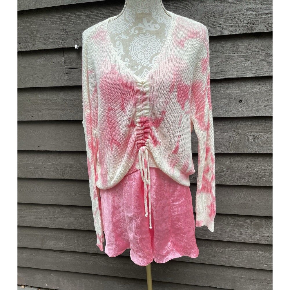 And the Why white Pink Tie Dye Ruched Front Oversized Knit Sweater S/M Y2K Boho